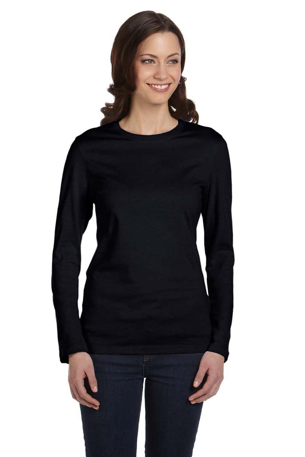 Bella + Canvas BC6500/6500 Womens Jersey Long Sleeve Crewneck T-Shirt Black Model Front
