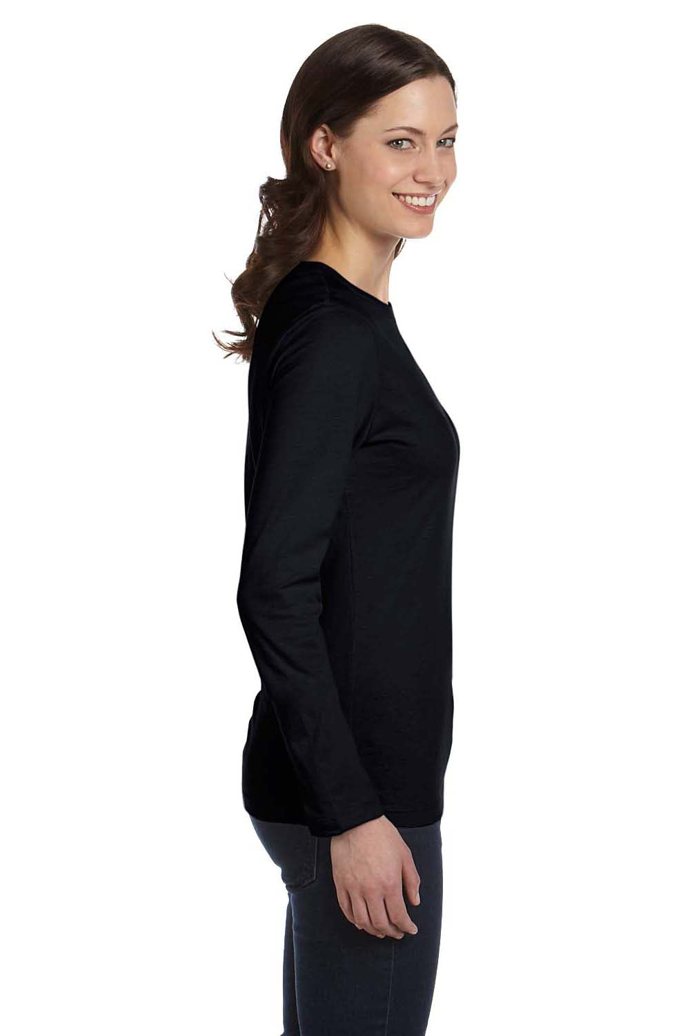 Bella + Canvas B6500/6500 Womens Jersey Long Sleeve Crewneck T-Shirt Black Model Side