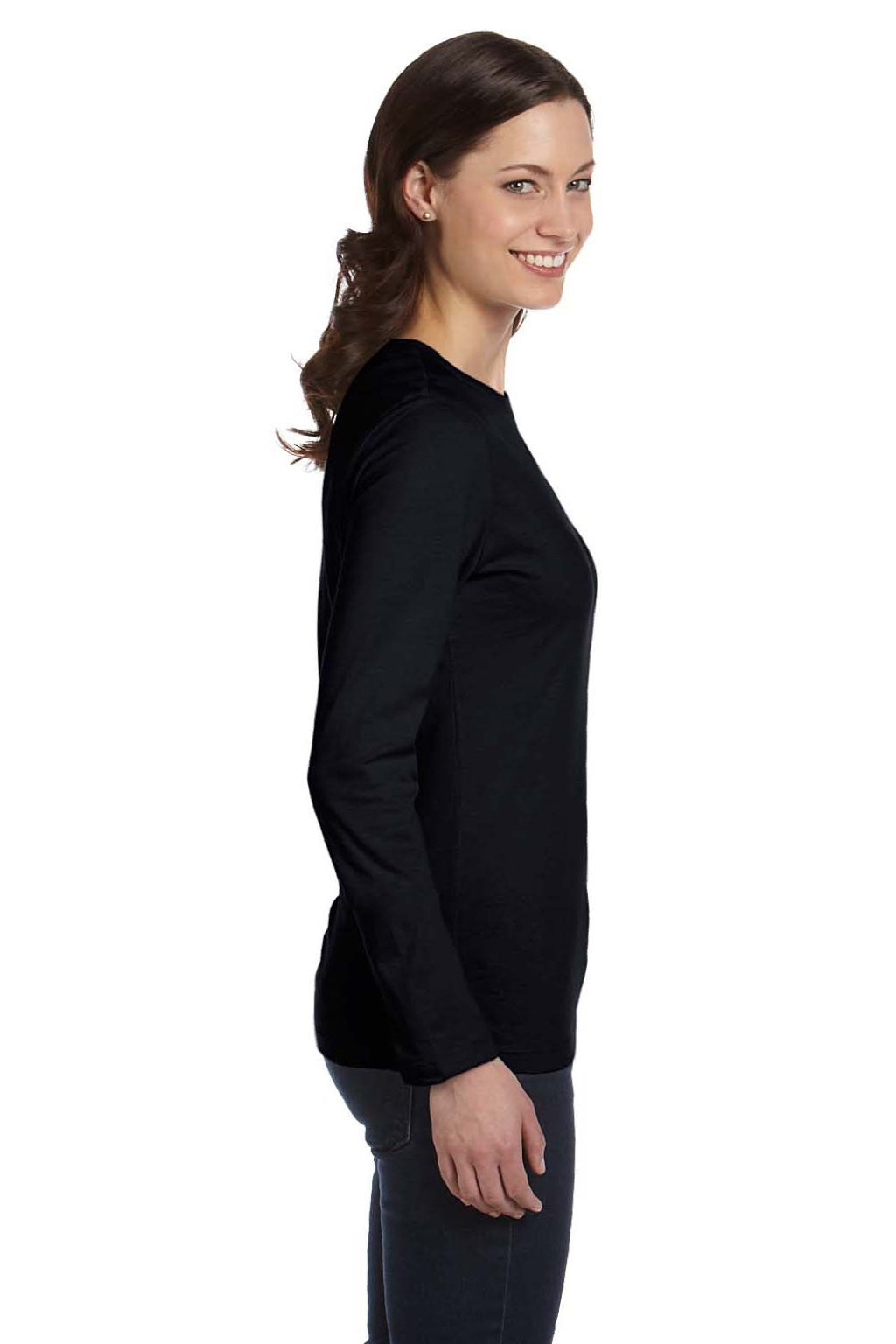 Bella + Canvas BC6500/6500 Womens Jersey Long Sleeve Crewneck T-Shirt Black Model Side