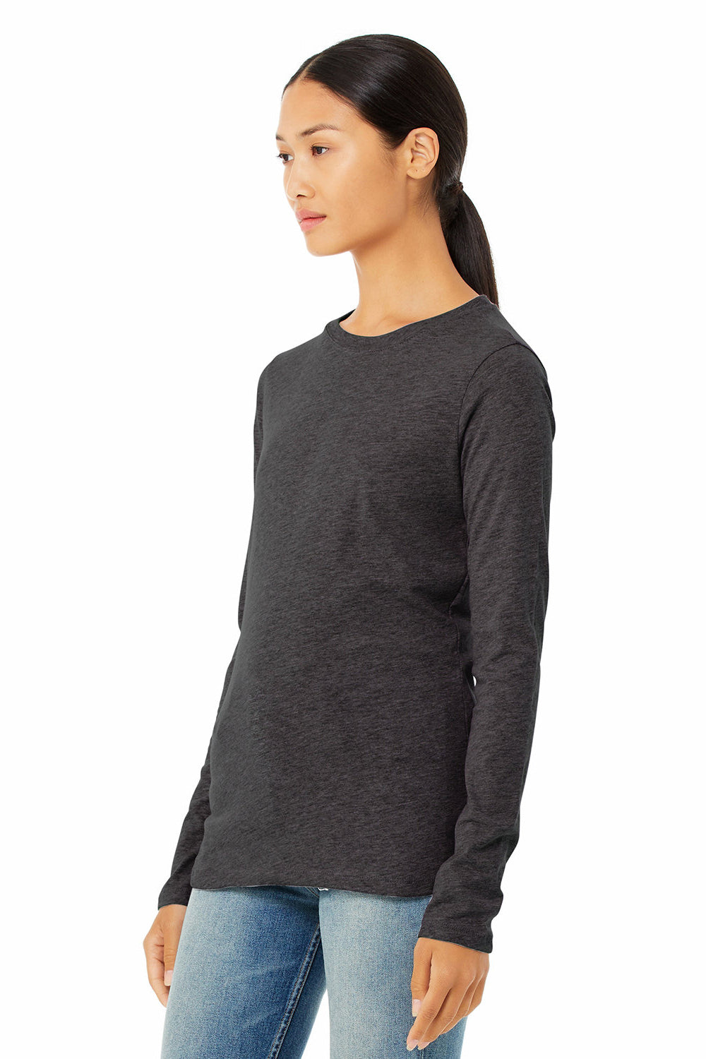 Bella + Canvas B6500/6500 Womens Jersey Long Sleeve Crewneck T-Shirt Heather Dark Grey Model 3Q