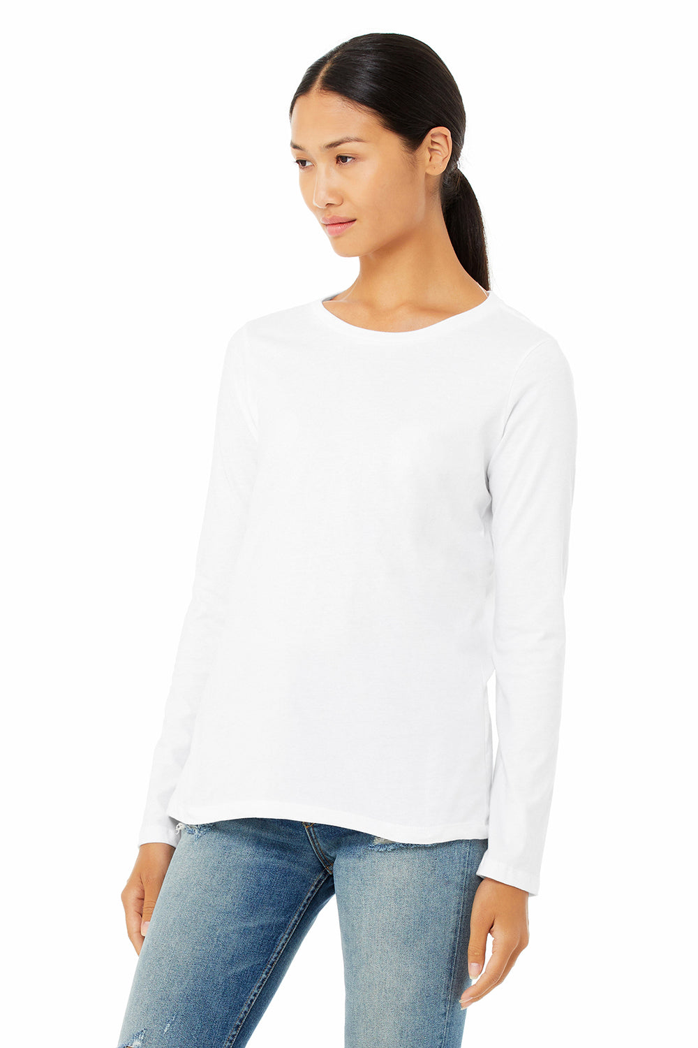 Bella + Canvas B6500/6500 Womens Jersey Long Sleeve Crewneck T-Shirt White Model 3Q