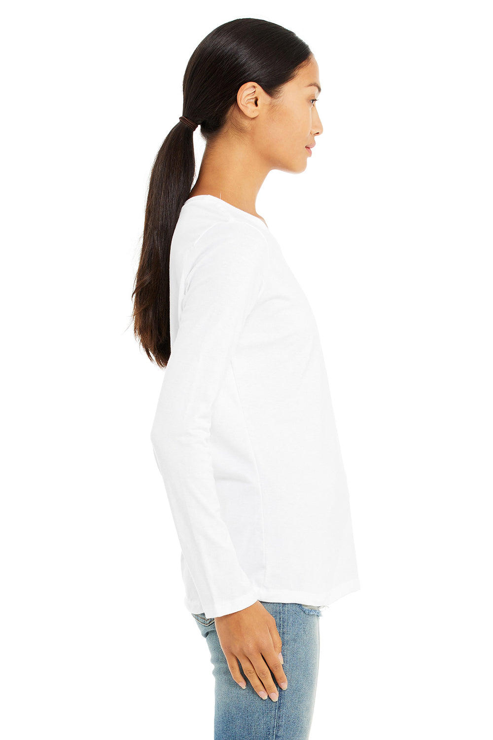 Bella + Canvas B6500/6500 Womens Jersey Long Sleeve Crewneck T-Shirt White Model Side