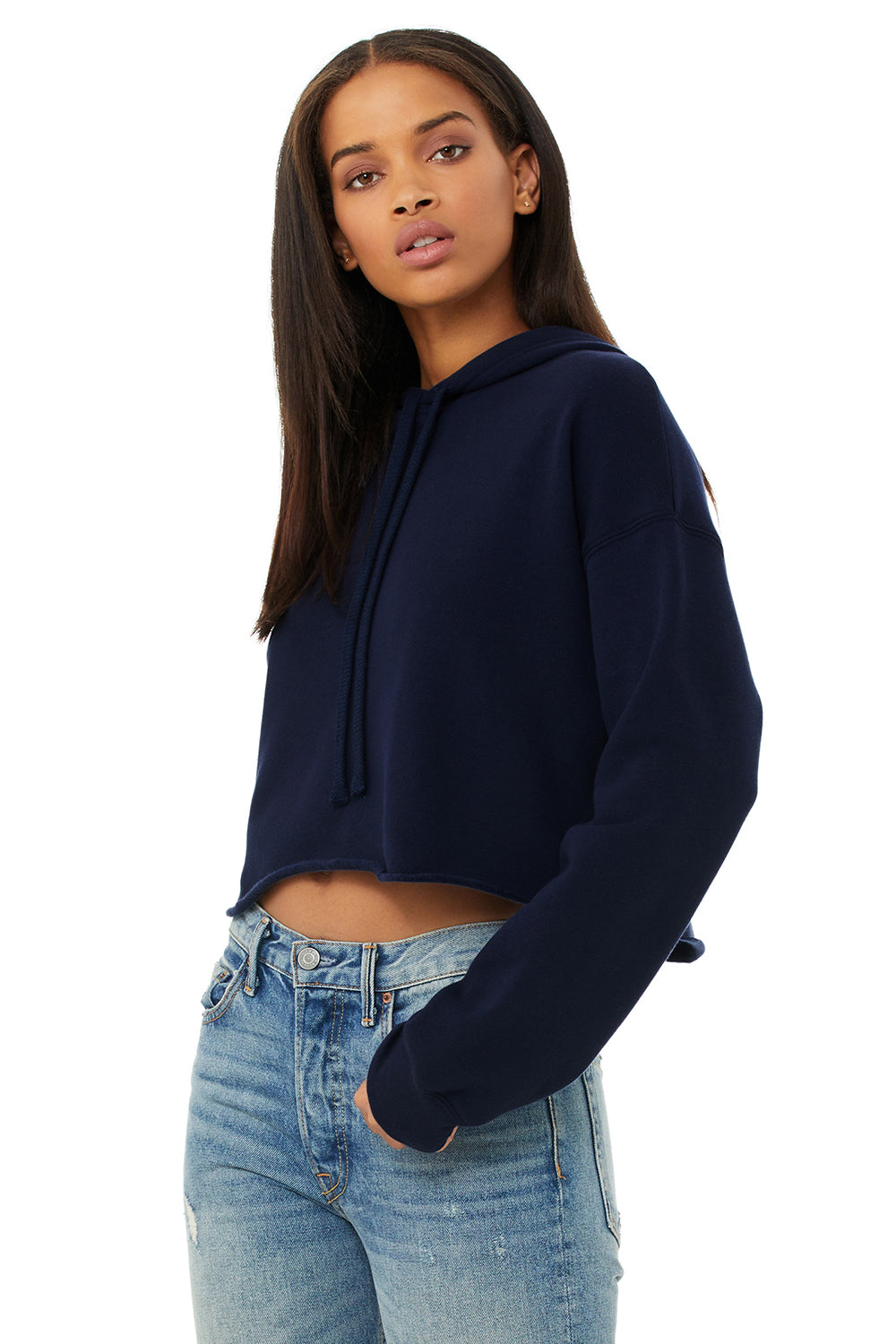 Bella + Canvas BC7502/B7502/7502 Womens Cropped Fleece Hooded Sweatshirt Hoodie Navy Blue Model 3Q