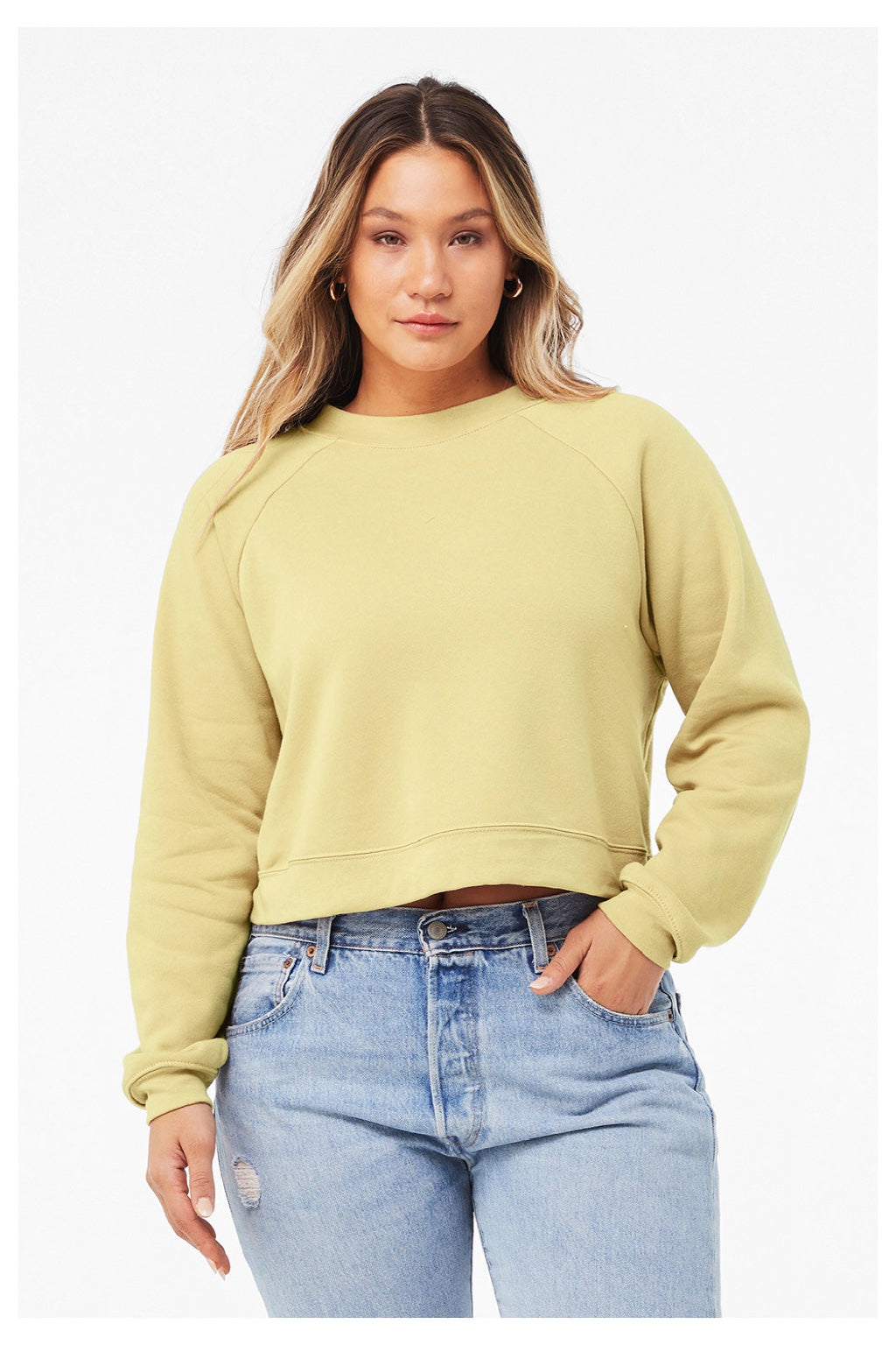 Bella + Canvas BC7505/7505 Womens Raglan Crewneck Sweatshirt French Vanilla Model Front