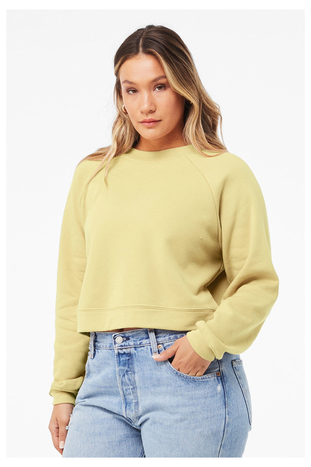 Bella + Canvas BC7505/7505 Womens Raglan Crewneck Sweatshirt French Vanilla Model Side