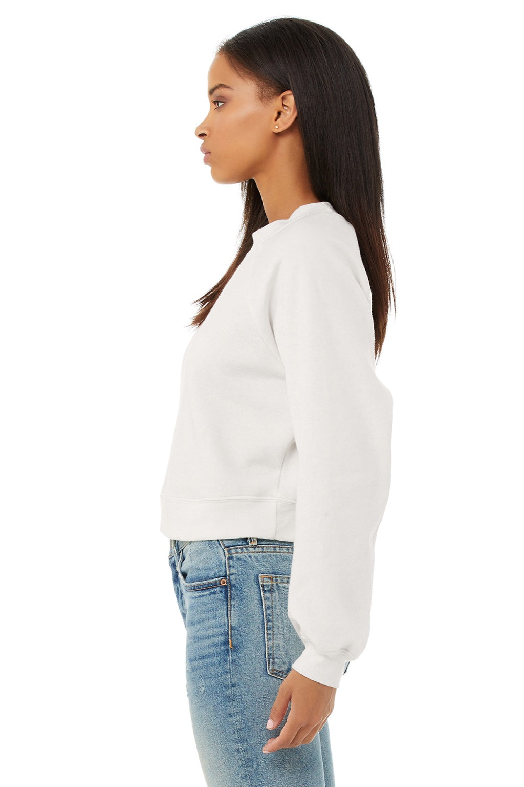 Bella + Canvas BC7505/7505 Womens Raglan Crewneck Sweatshirt Vintage White Model Side