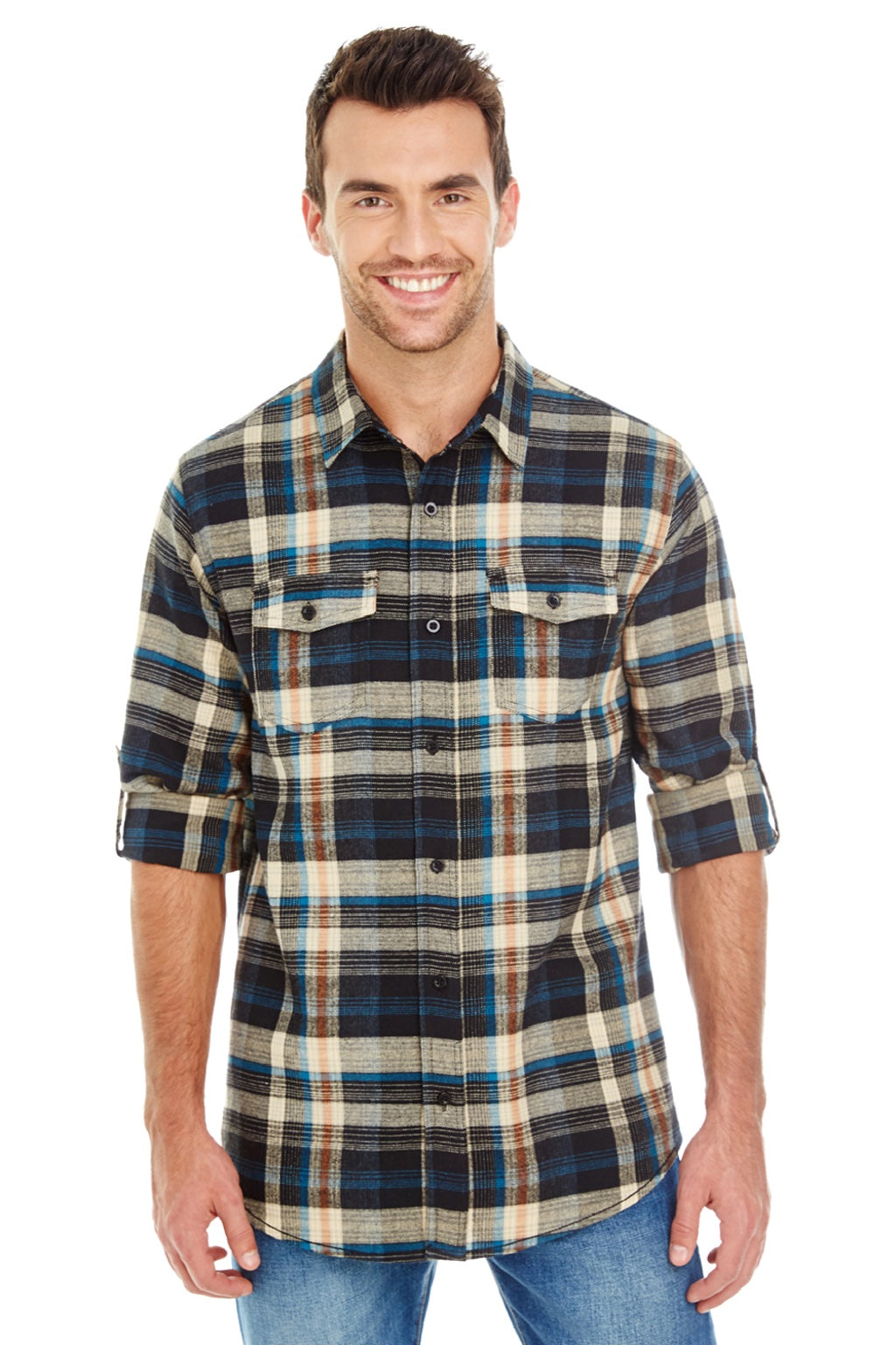 Burnside 8210 Mens Flannel Long Sleeve Button Down Shirt w/ Double Pockets Dark Khaki Model Front