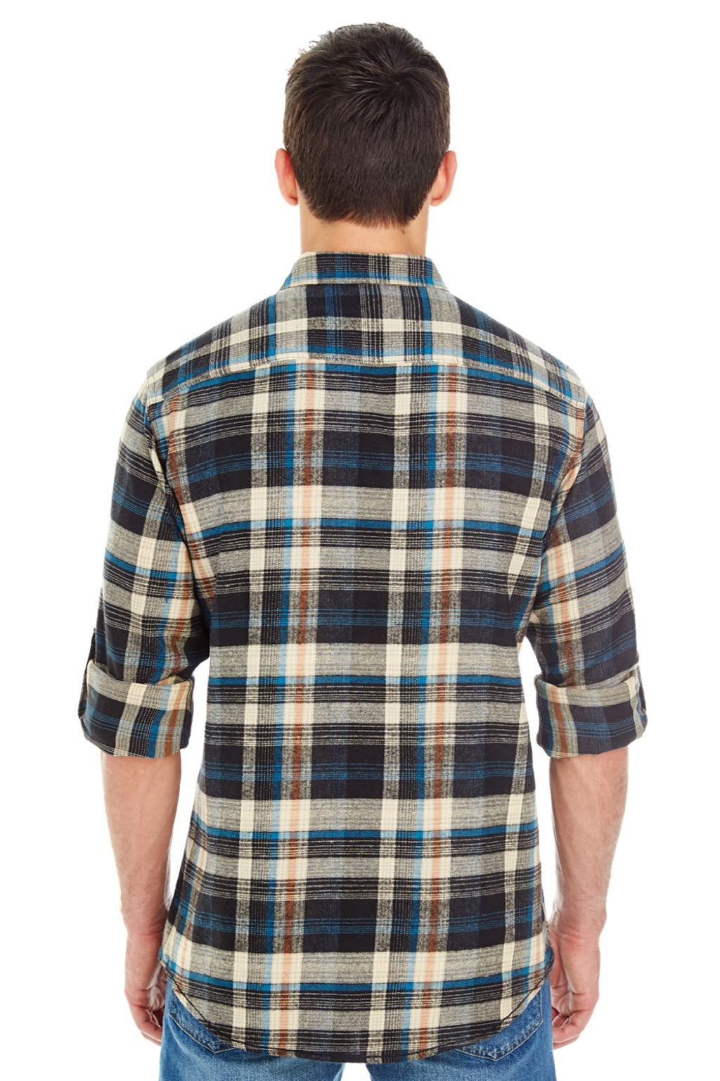 Burnside 8210 Mens Flannel Long Sleeve Button Down Shirt w/ Double Pockets Dark Khaki Model Back