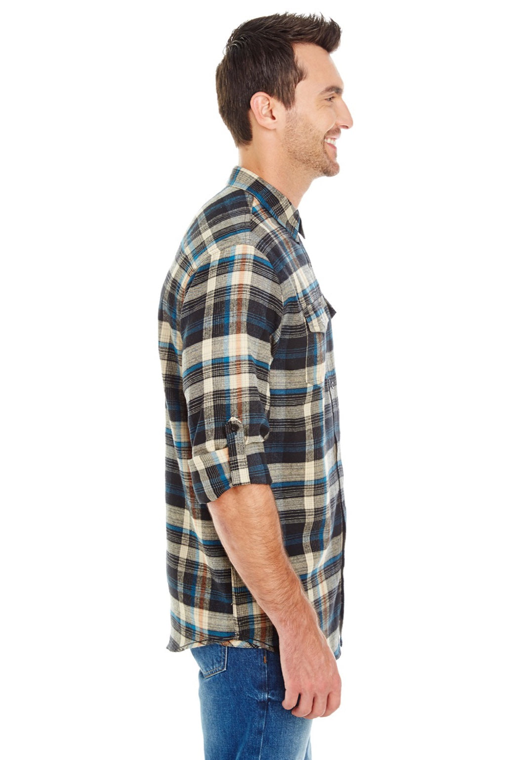 Burnside 8210 Mens Flannel Long Sleeve Button Down Shirt w/ Double Pockets Dark Khaki Model Side