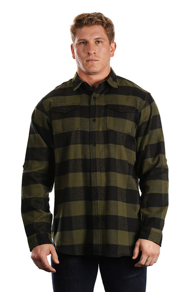 Burnside B8210/8210 Mens Flannel Long Sleeve Button Down Shirt w/ Double Pockets Army Green/Black Model Front
