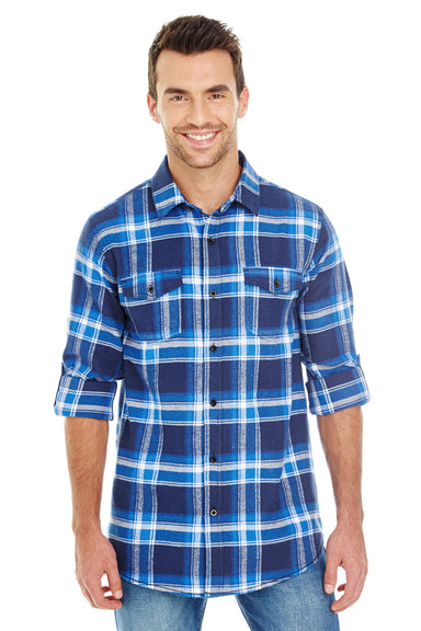 Burnside B8210/8210 Mens Flannel Long Sleeve Button Down Shirt w/ Double Pockets Blue/White Model Front