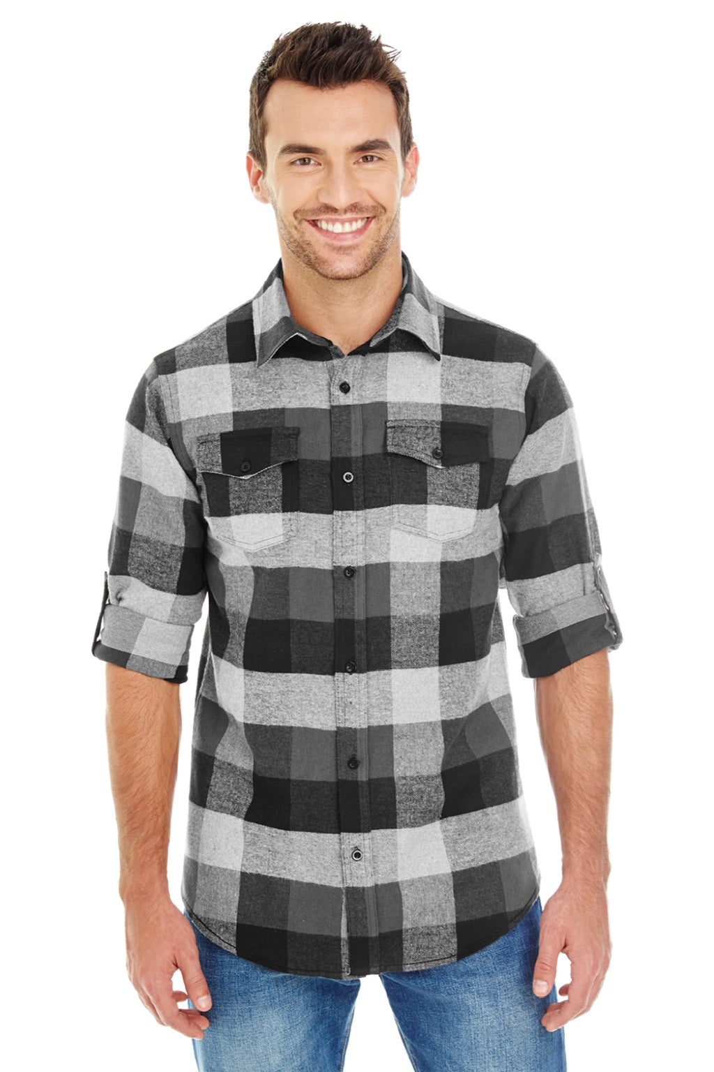 Burnside 8210 Mens Flannel Long Sleeve Button Down Shirt w/ Double Pockets Black/Grey Model Front