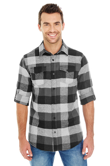Burnside B8210/8210 Mens Flannel Long Sleeve Button Down Shirt w/ Double Pockets Black/Grey Model Front