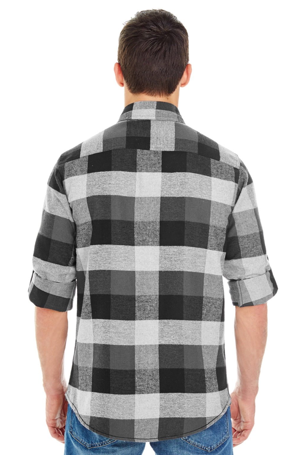 Burnside 8210 Mens Flannel Long Sleeve Button Down Shirt w/ Double Pockets Black/Grey Model Back
