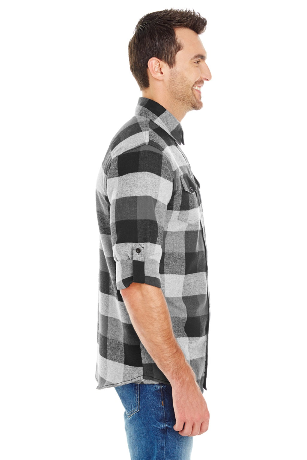 Burnside 8210 Mens Flannel Long Sleeve Button Down Shirt w/ Double Pockets Black/Grey Model Side