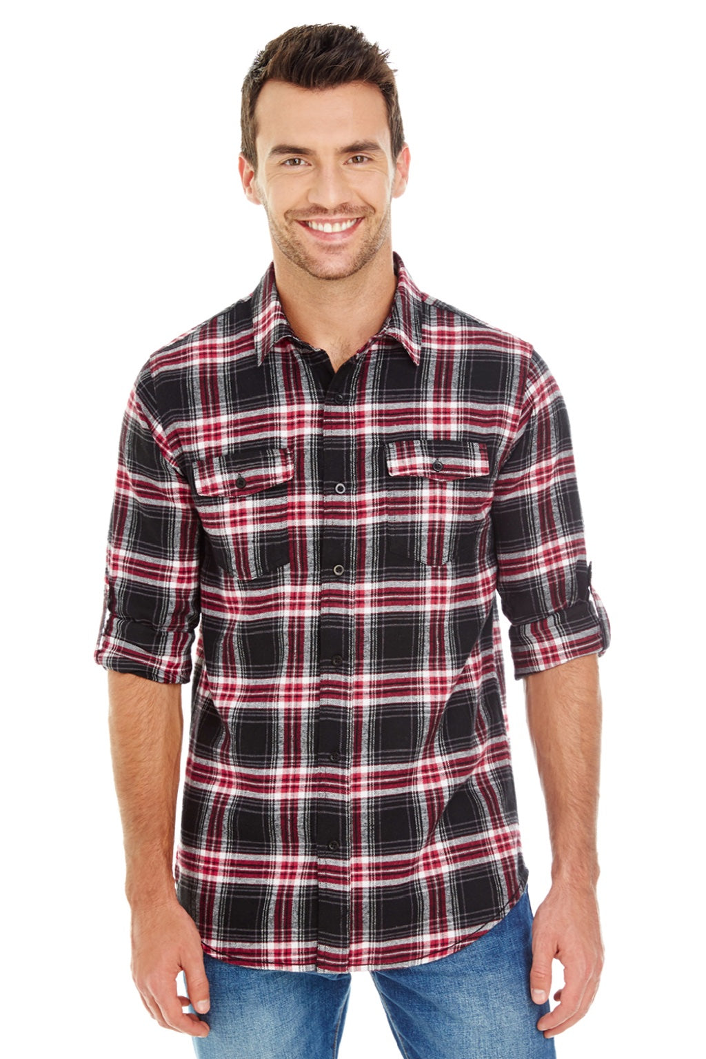 Burnside 8210 Mens Flannel Long Sleeve Button Down Shirt w/ Double Pockets Red Model Front