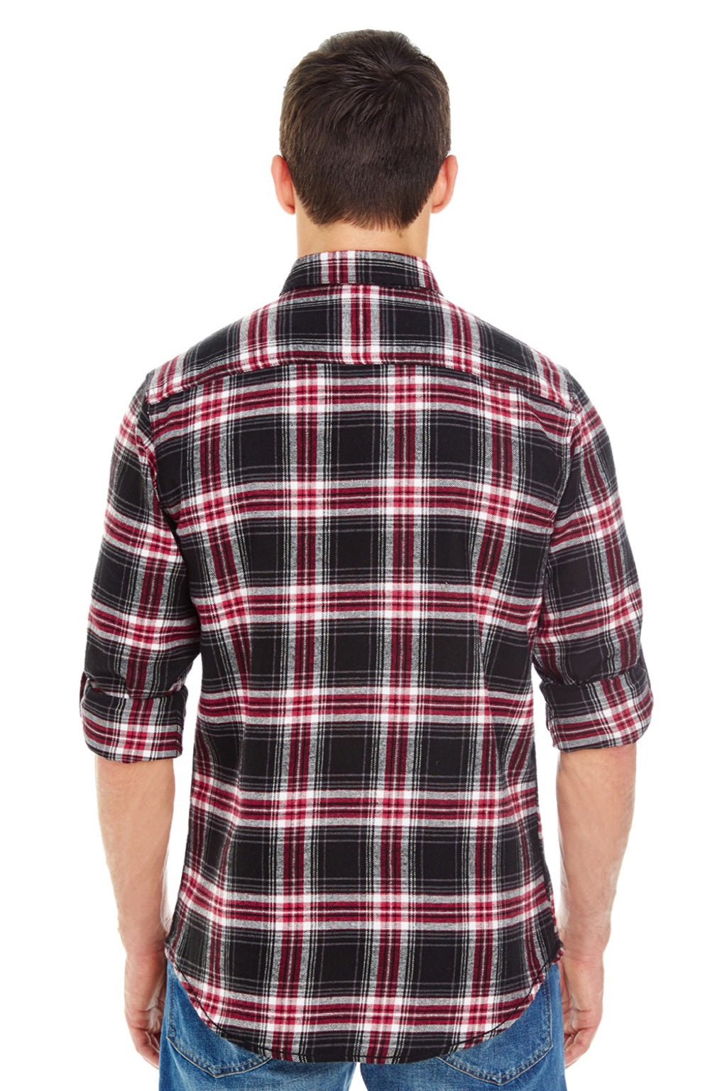 Burnside 8210 Mens Flannel Long Sleeve Button Down Shirt w/ Double Pockets Red Model Back