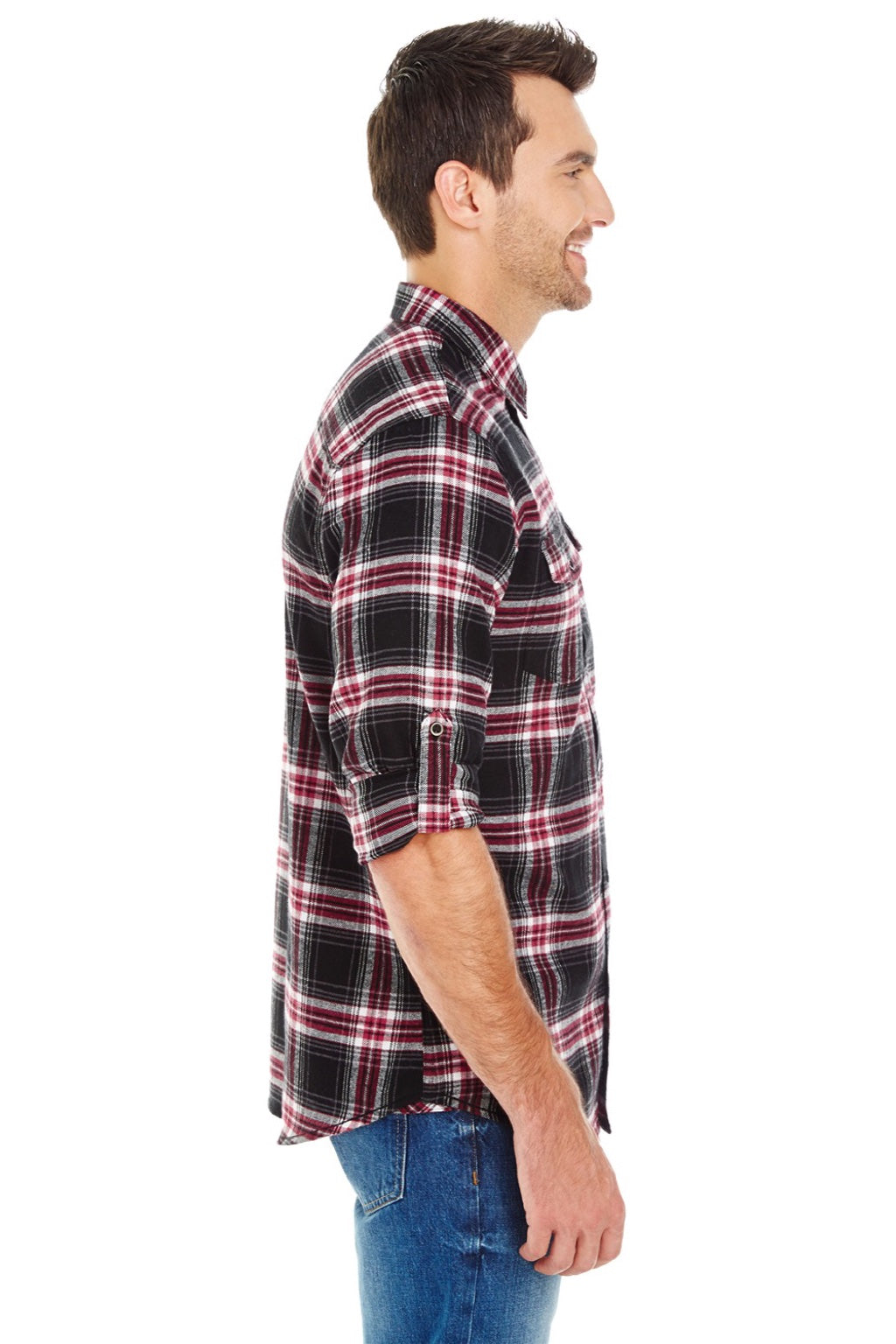 Burnside 8210 Mens Flannel Long Sleeve Button Down Shirt w/ Double Pockets Red Model Side
