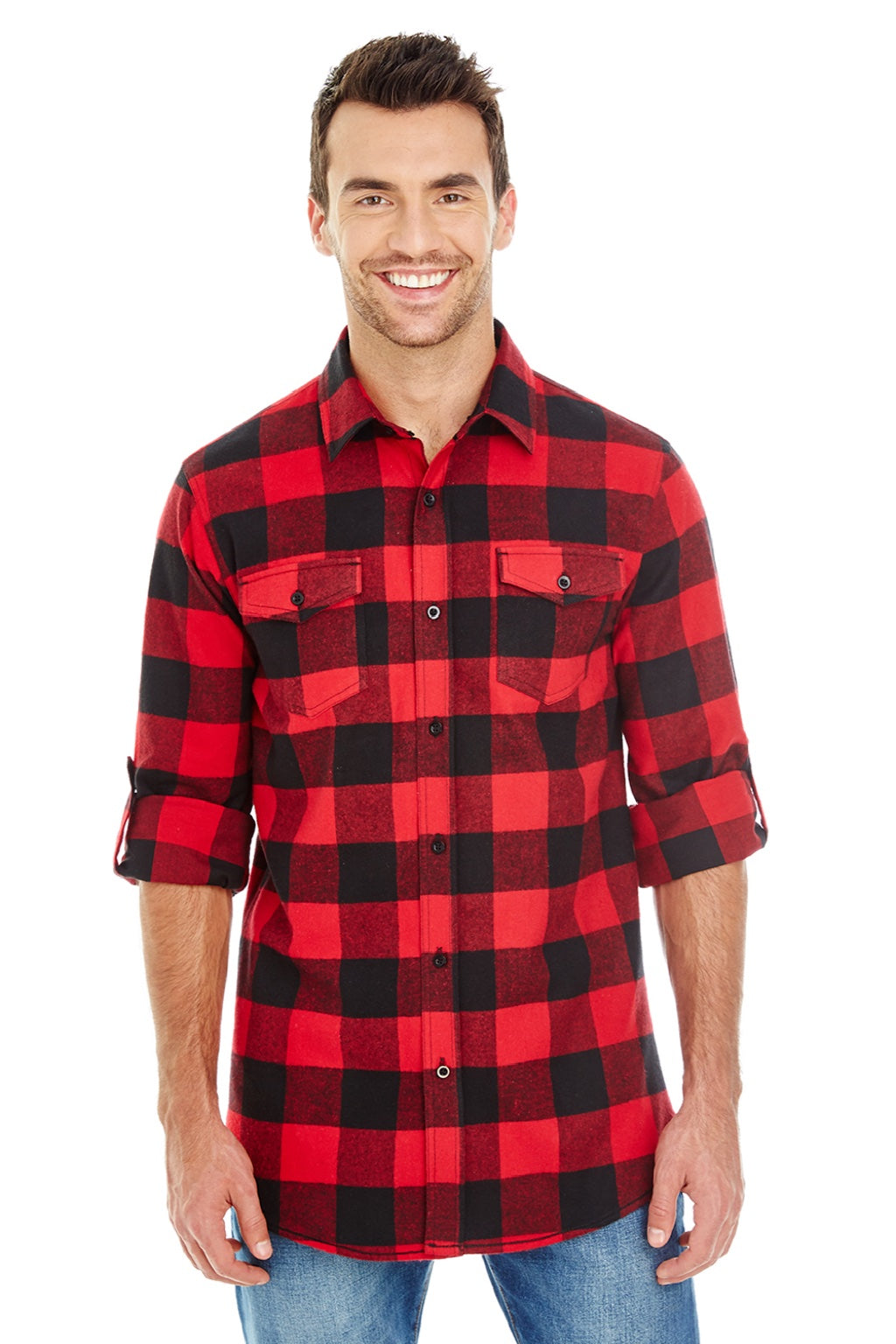 Burnside 8210 Mens Flannel Long Sleeve Button Down Shirt w/ Double Pockets Red/Black Model Front