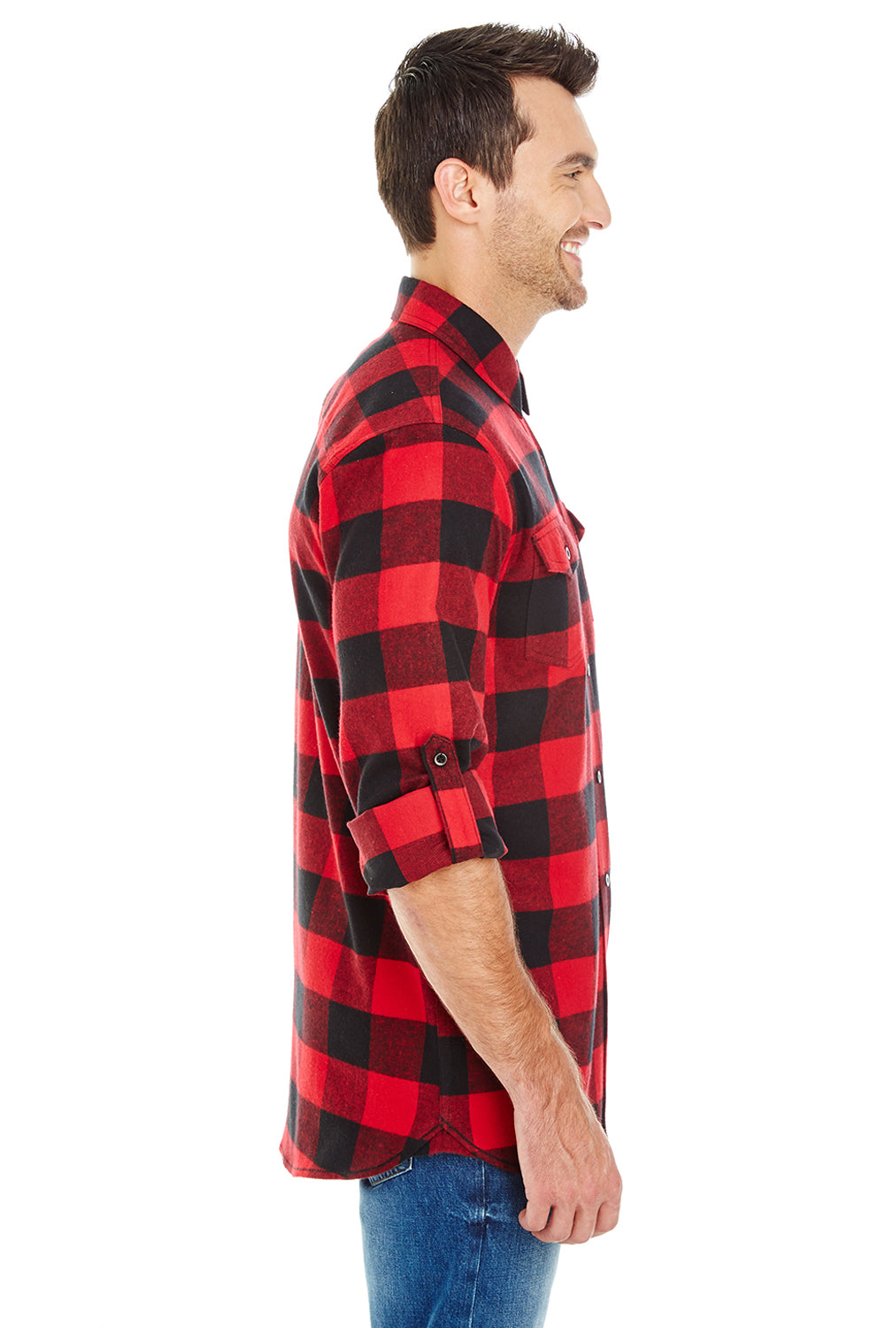 Burnside B8210/8210 Mens Flannel Long Sleeve Button Down Shirt w/ Double Pockets Red/Black Model Side