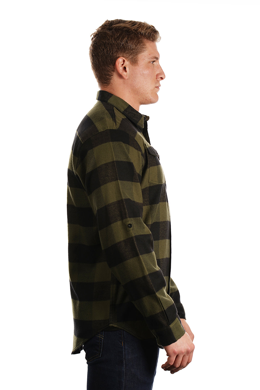 Burnside B8210/8210 Mens Flannel Long Sleeve Button Down Shirt w/ Double Pockets Army Green/Black Model Side