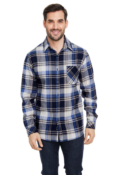 Burnside B8212 Mens Flannel Long Sleeve Button Down Shirt w/ Pocket Blue/Ecru Model Front