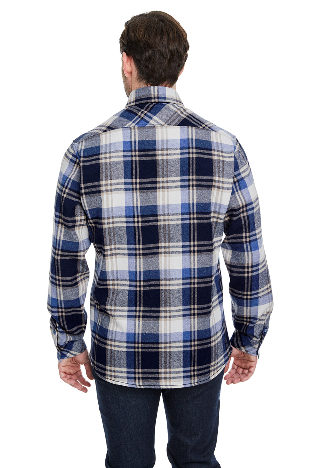 Burnside B8212 Mens Flannel Long Sleeve Button Down Shirt w/ Pocket Blue/Ecru Model Back