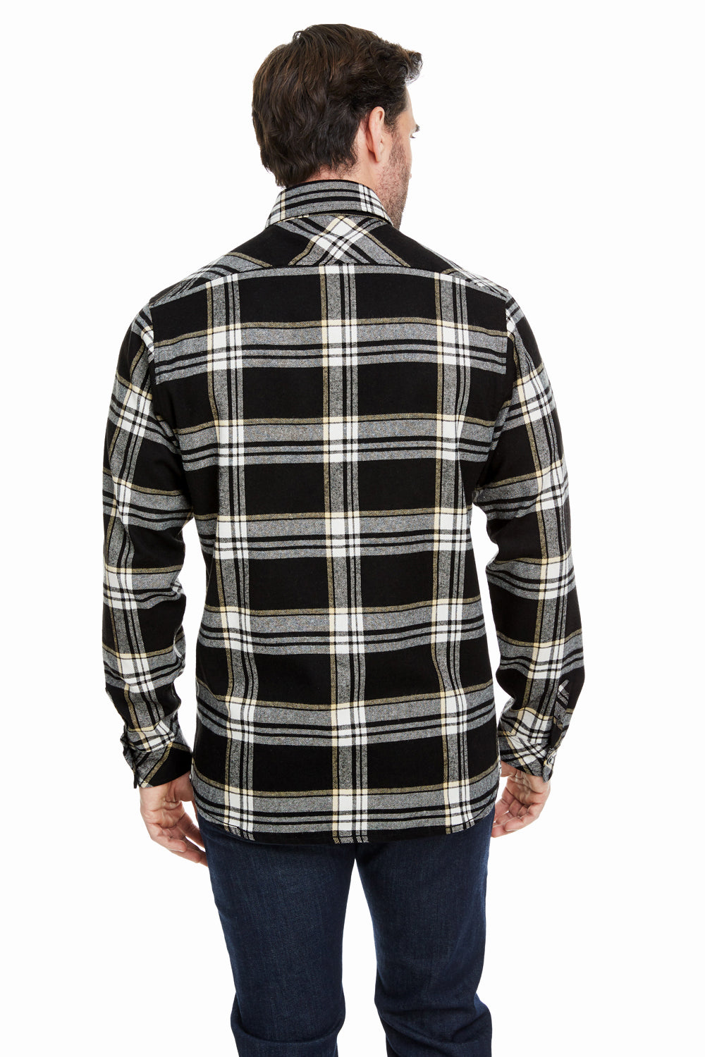 Burnside B8212 Mens Flannel Long Sleeve Button Down Shirt w/ Pocket Black/Ecru Model Back