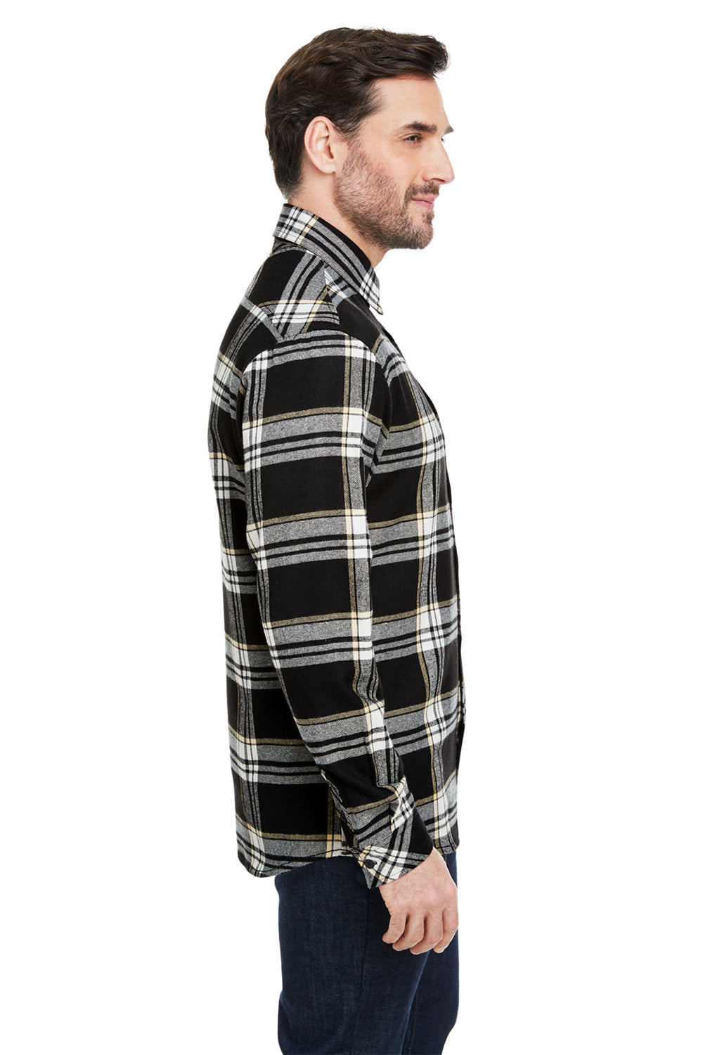 Burnside B8212 Mens Flannel Long Sleeve Button Down Shirt w/ Pocket Black/Ecru Model Side