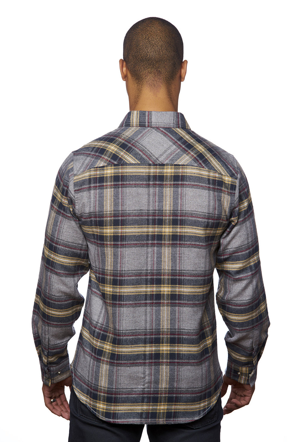 Burnside 8219 Mens Plaid Flannel Long Sleeve Snap Down Shirt w/ Double Pockets Light Grey Model Back