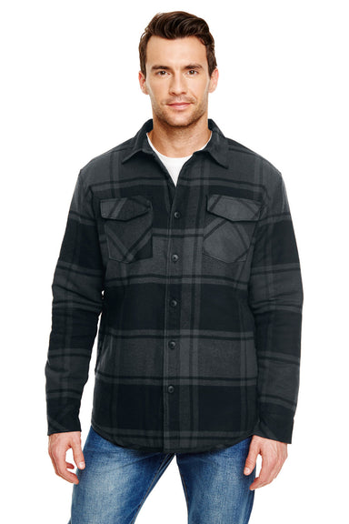 Burnside 8610 Mens Quilted Flannel Button Down Shirt Jacket Black Plaid Model Front