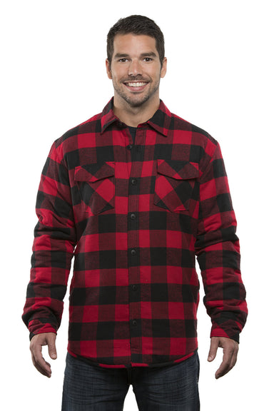 Burnside 8610 Mens Quilted Flannel Button Down Shirt Jacket Red/Black Buffalo Model Front