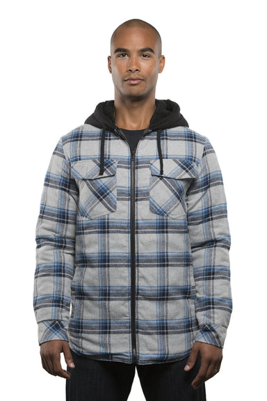 Burnside 8620 Mens Quilted Flannel Full Zip Hooded Jacket Grey/Blue Model Front
