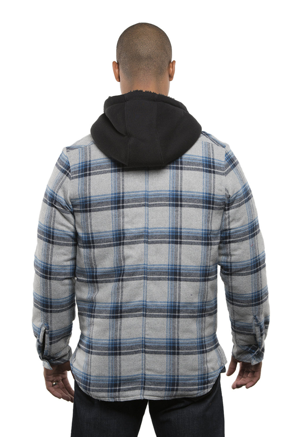 Burnside 8620 Mens Quilted Flannel Full Zip Hooded Jacket Grey/Blue Model Back