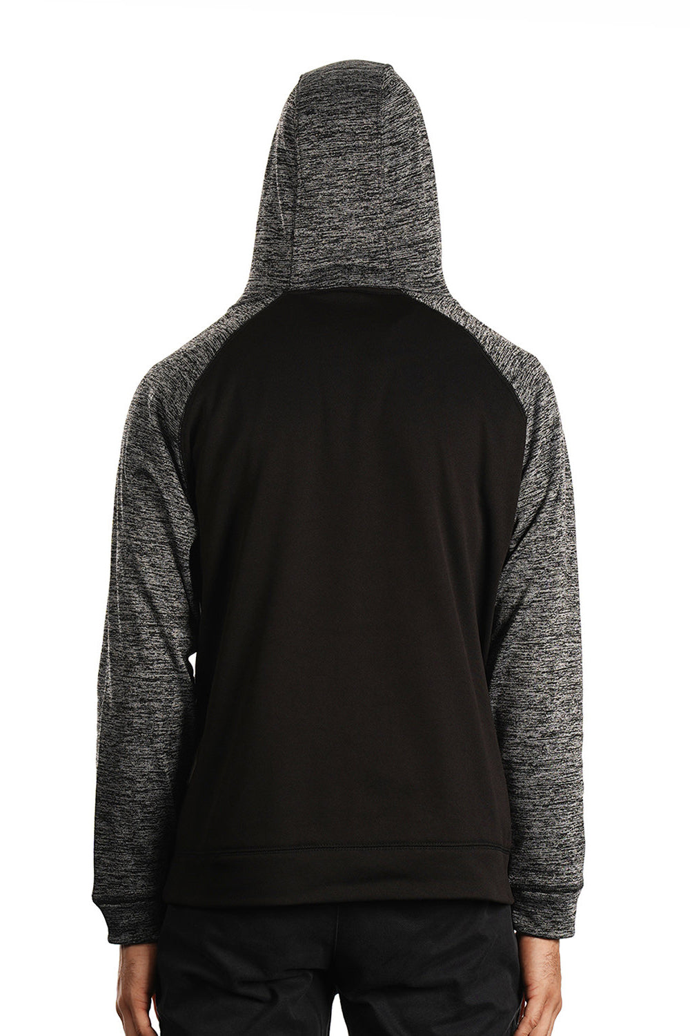 Burnside 8670 Mens Performance Raglan Hooded Sweatshirt Hoodie Black/Heather Charcoal Grey Model Back