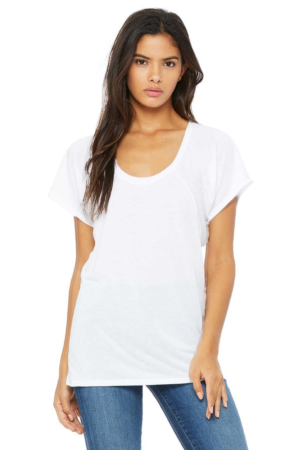 Bella + Canvas 8801 Womens Flowy Short Sleeve Scoop Neck T-Shirt White Model Front