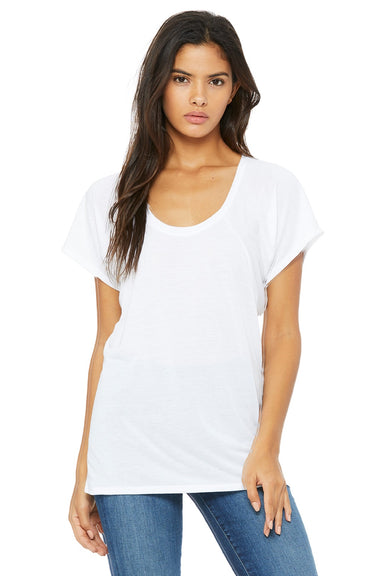 Bella + Canvas 8801 Womens Flowy Short Sleeve Scoop Neck T-Shirt White Model Front