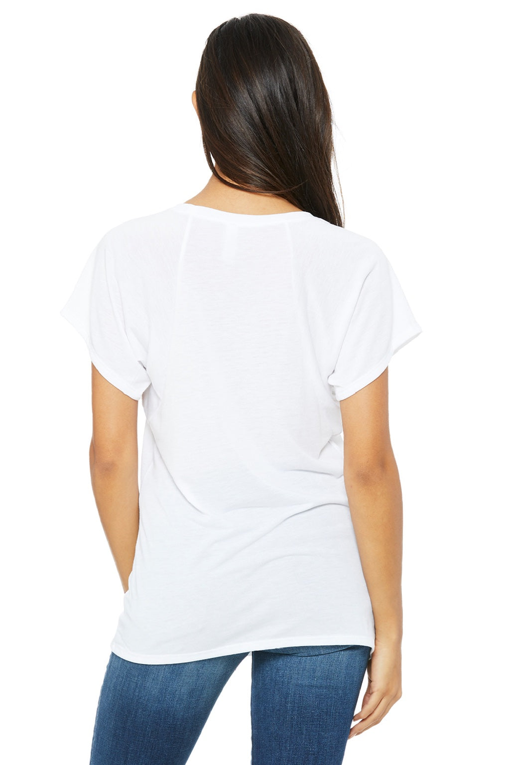 Bella + Canvas 8801 Womens Flowy Short Sleeve Scoop Neck T-Shirt White Model Back