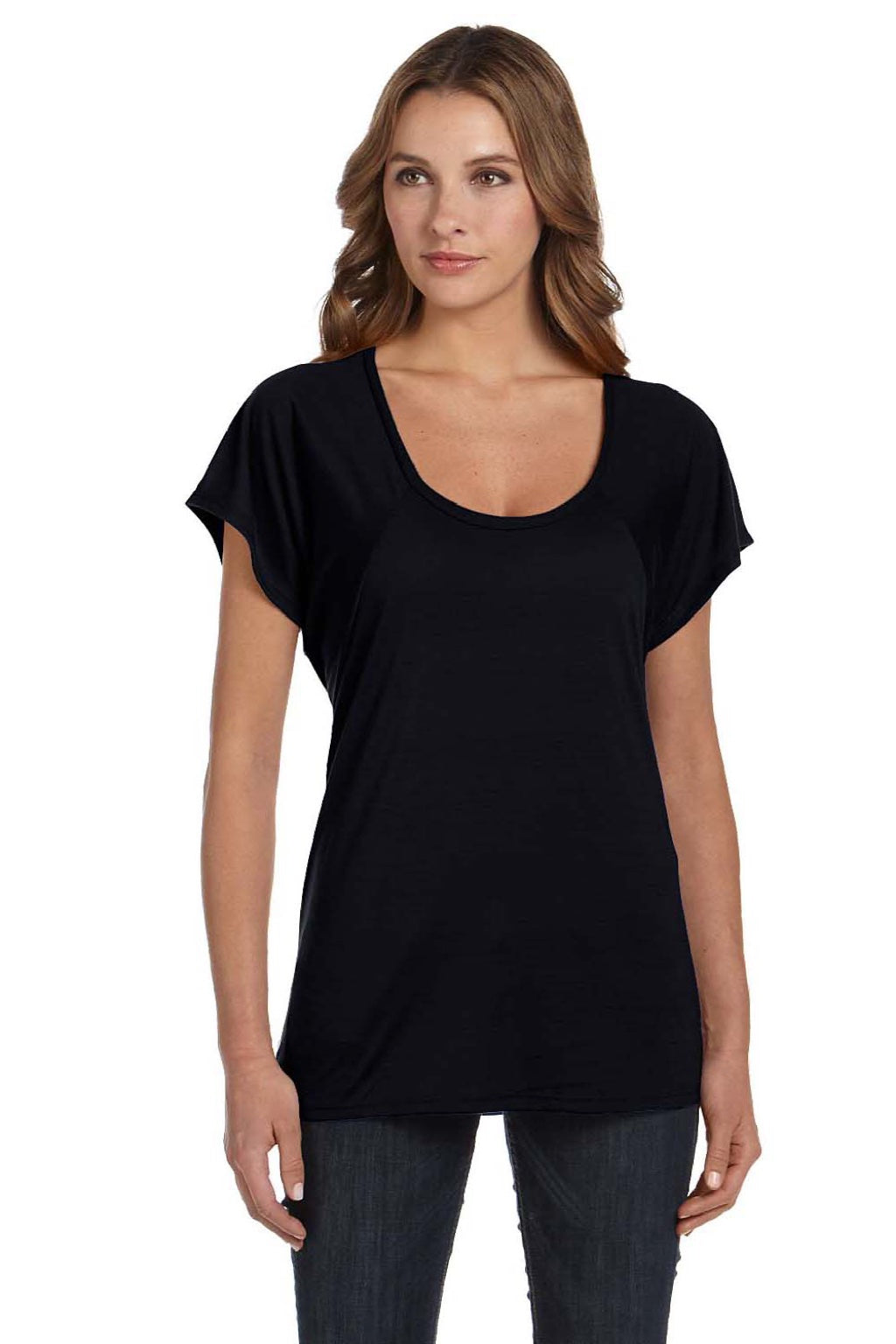 Bella + Canvas 8801 Womens Flowy Short Sleeve Scoop Neck T-Shirt Black Model Front