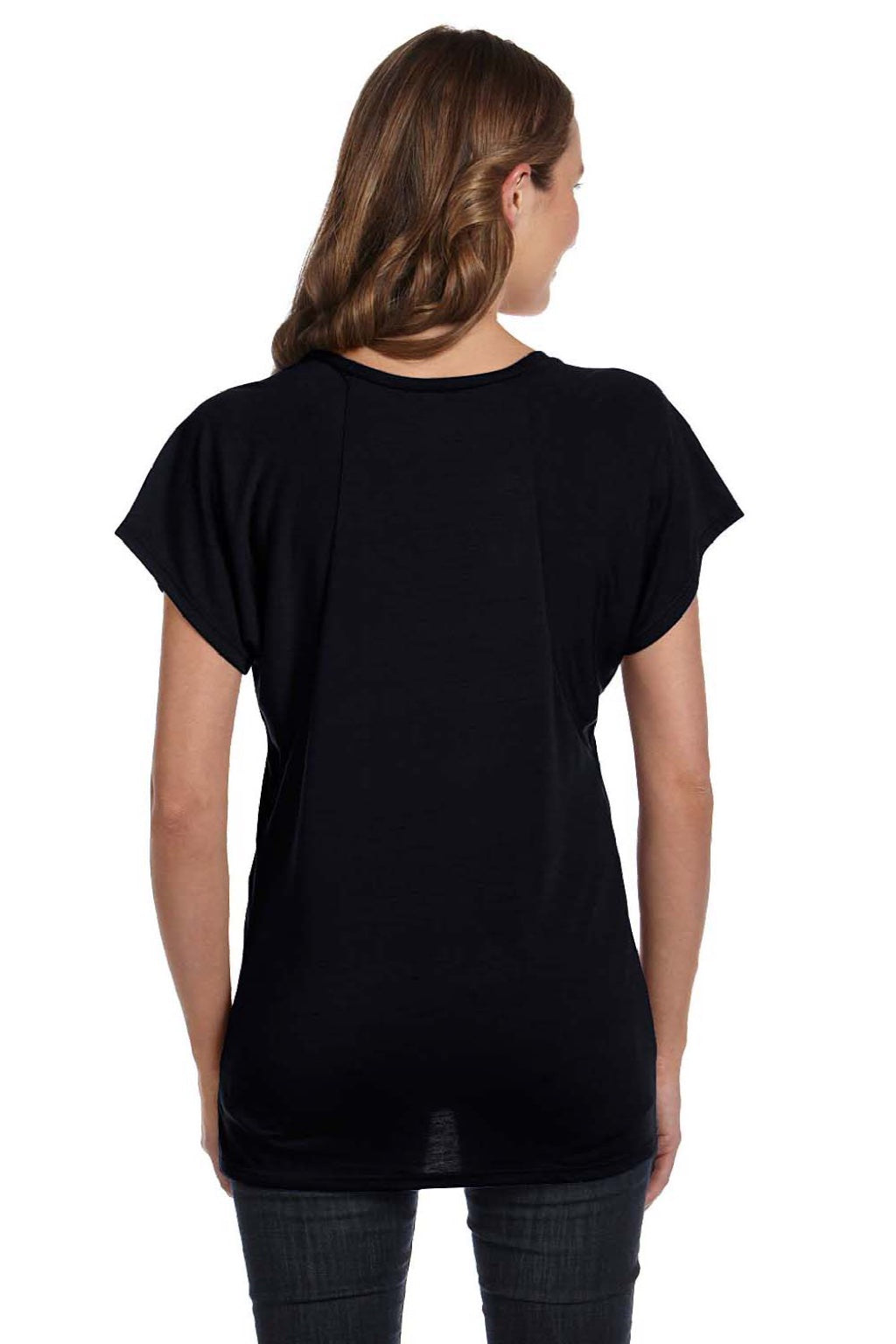 Bella + Canvas 8801 Womens Flowy Short Sleeve Scoop Neck T-Shirt Black Model Back
