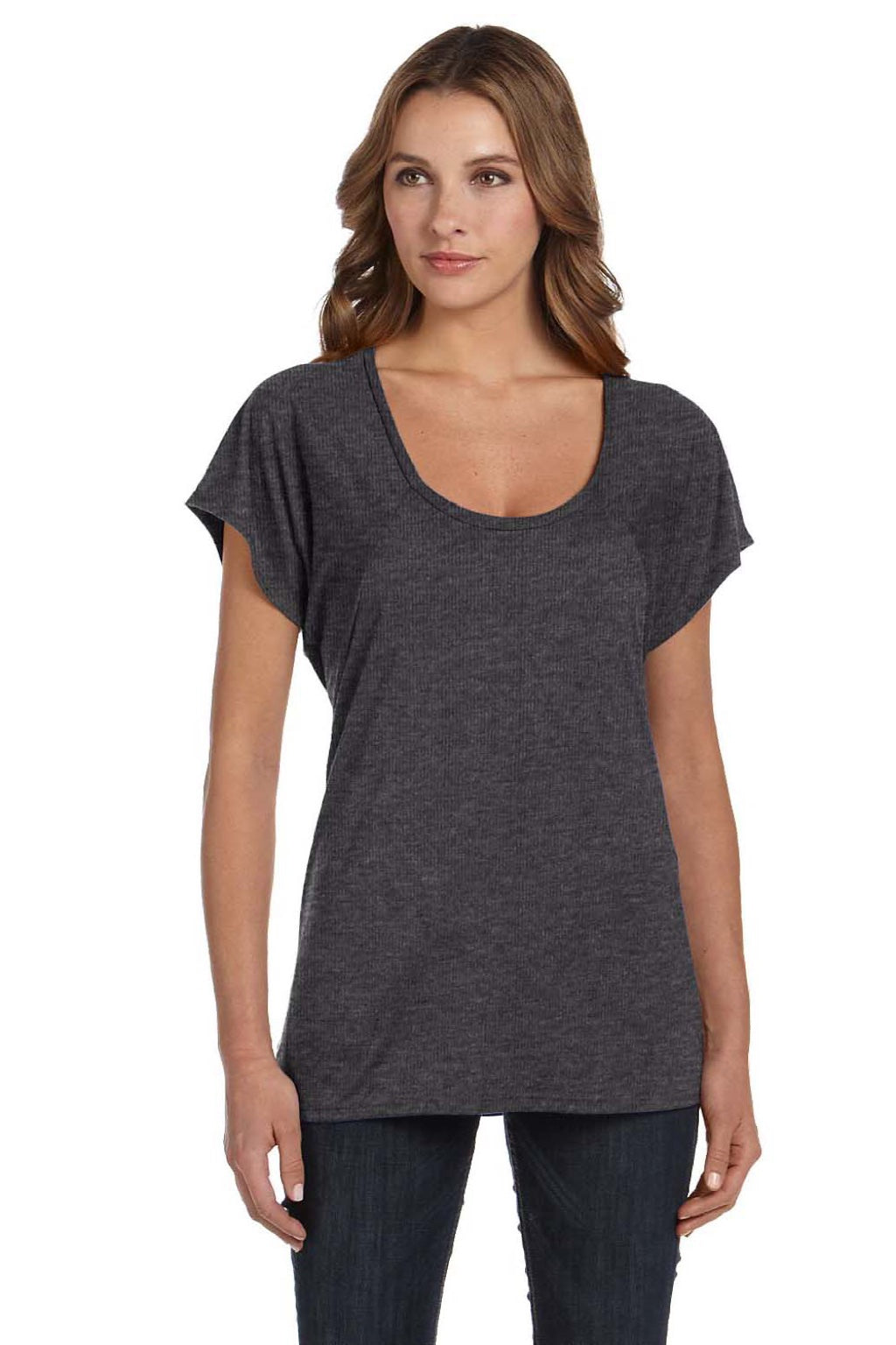 Bella + Canvas 8801 Womens Flowy Short Sleeve Scoop Neck T-Shirt Heather Dark Grey Model Front