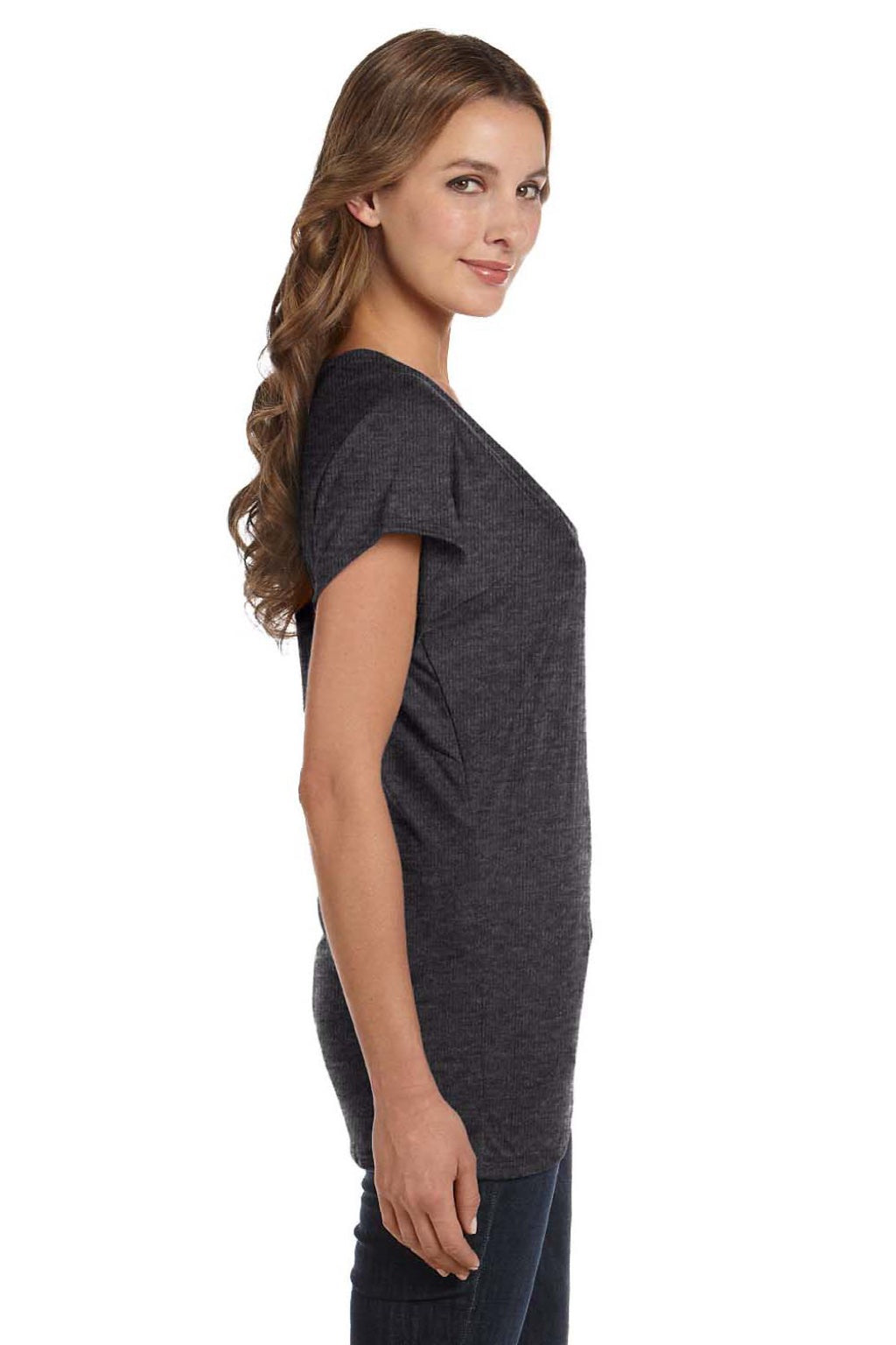Bella + Canvas 8801 Womens Flowy Short Sleeve Scoop Neck T-Shirt Heather Dark Grey Model Side
