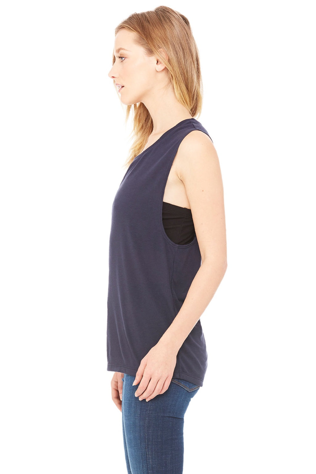 Bella + Canvas BC8803/8803 Womens Flowy Muscle Tank Top Midnight Blue Model Side
