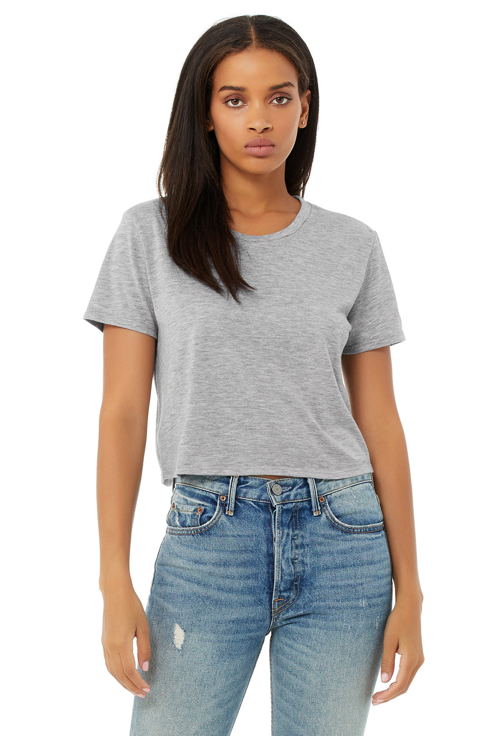 Bella + Canvas B8882/8882 Womens Flowy Cropped Short Sleeve Crewneck T-Shirt Heather Grey Model Front