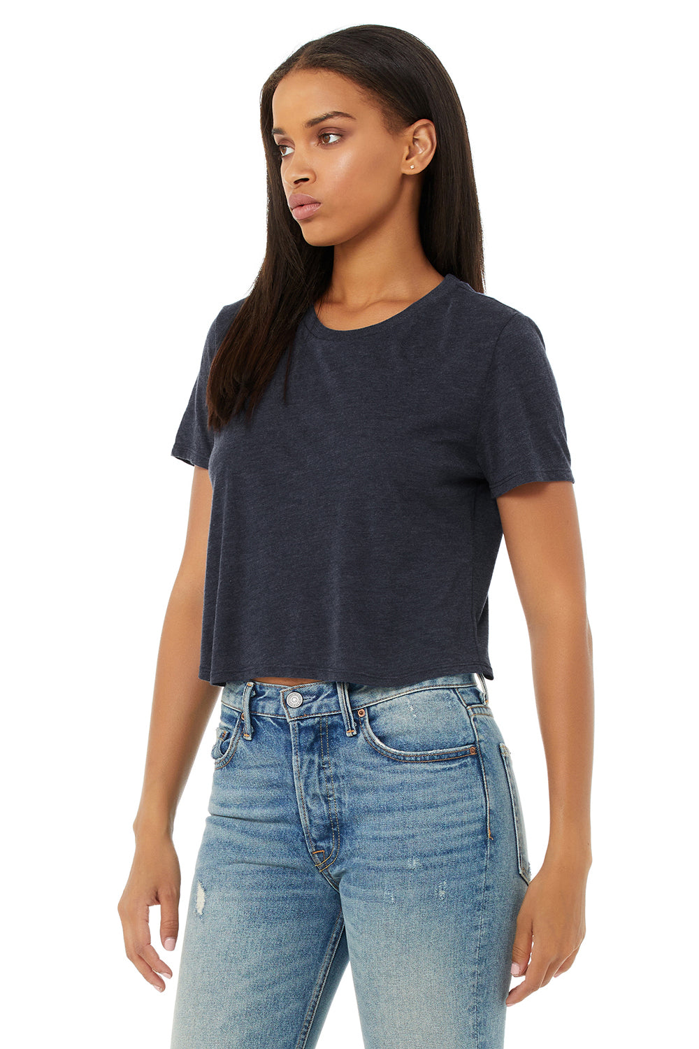 Bella + Canvas B8882/8882 Womens Flowy Cropped Short Sleeve Crewneck T-Shirt Heather Navy Blue Model 3Q