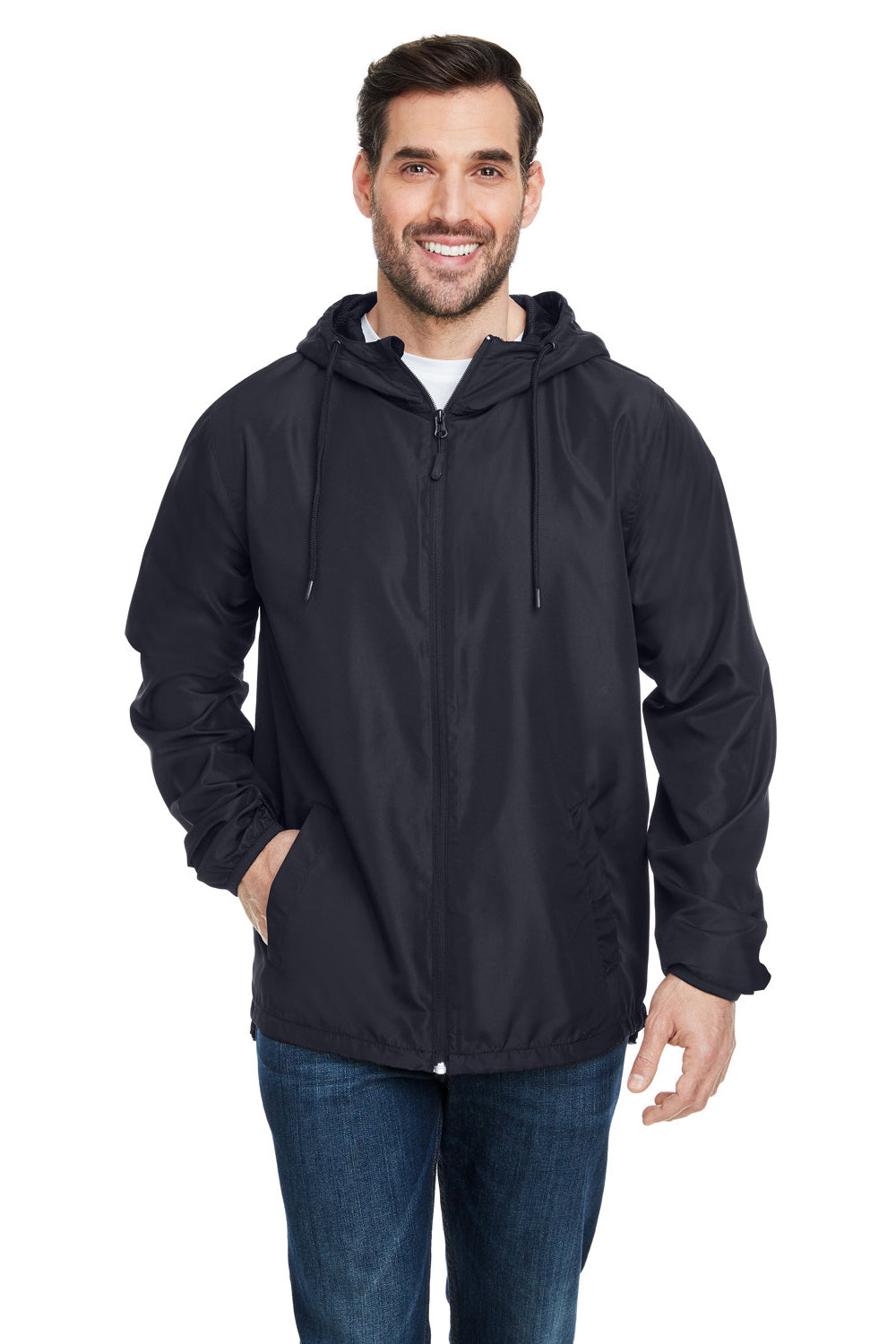 Burnside B9754 Mens Water Resistant Full Zip Hooded Windbreaker Jacket Black Model Front