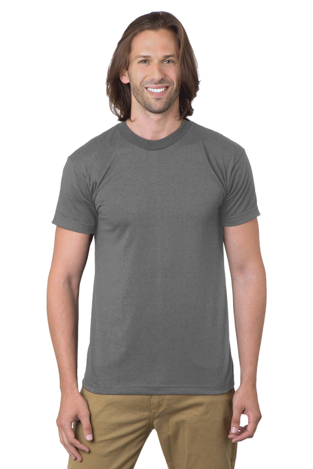 Bayside 1701 Mens USA Made Short Sleeve Crewneck T-Shirt Heather Charcoal Grey Model Front