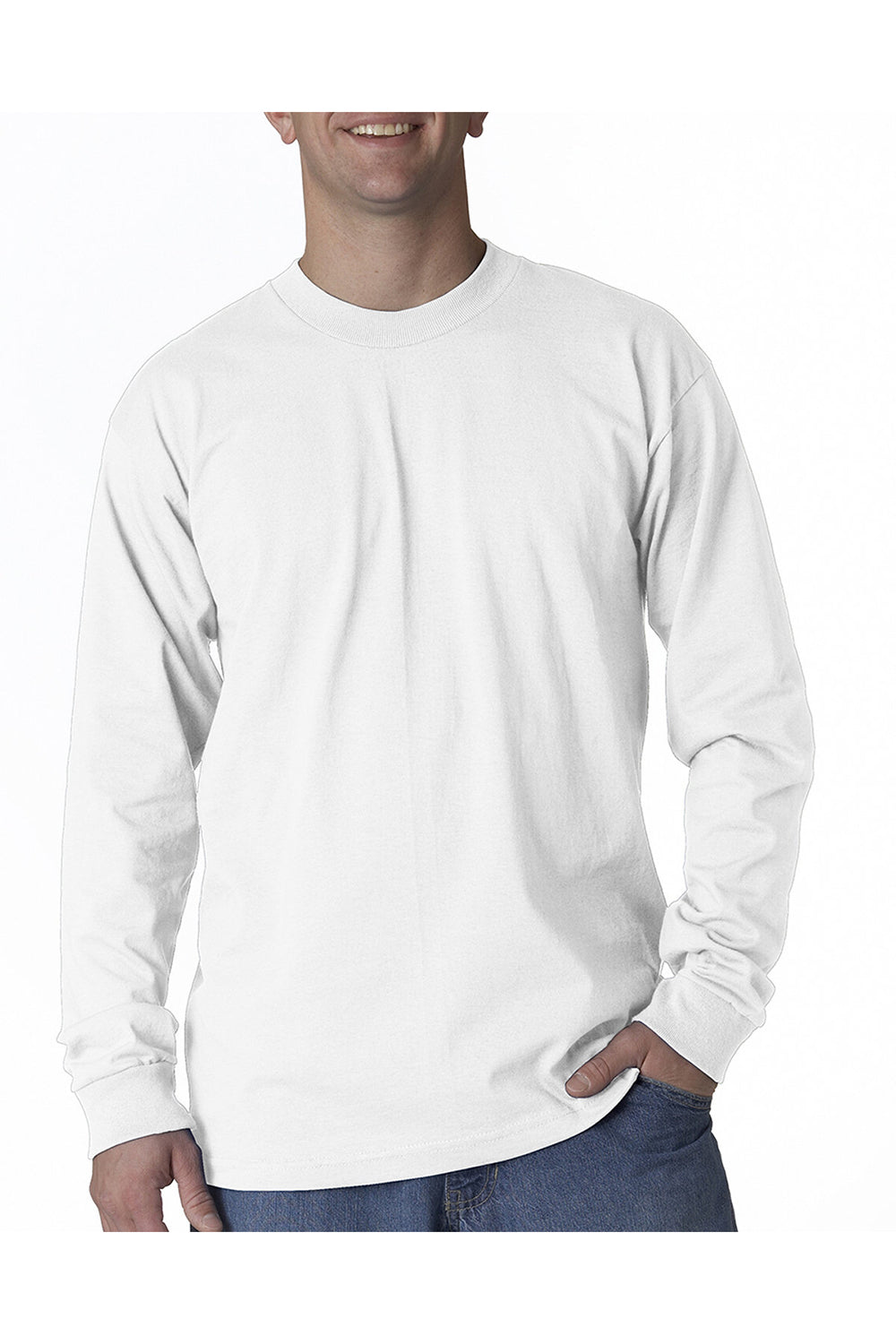 Bayside BA2955 Mens USA Made Long Sleeve Crewneck T-Shirt White Model Front
