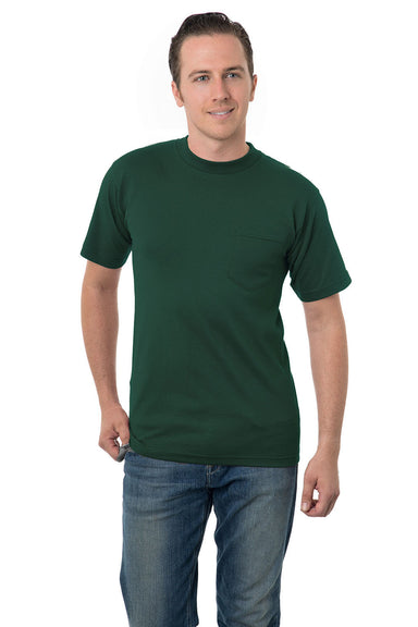Bayside BA3015 Mens USA Made Short Sleeve Crewneck T-Shirt w/ Pocket Forest Green Model Front