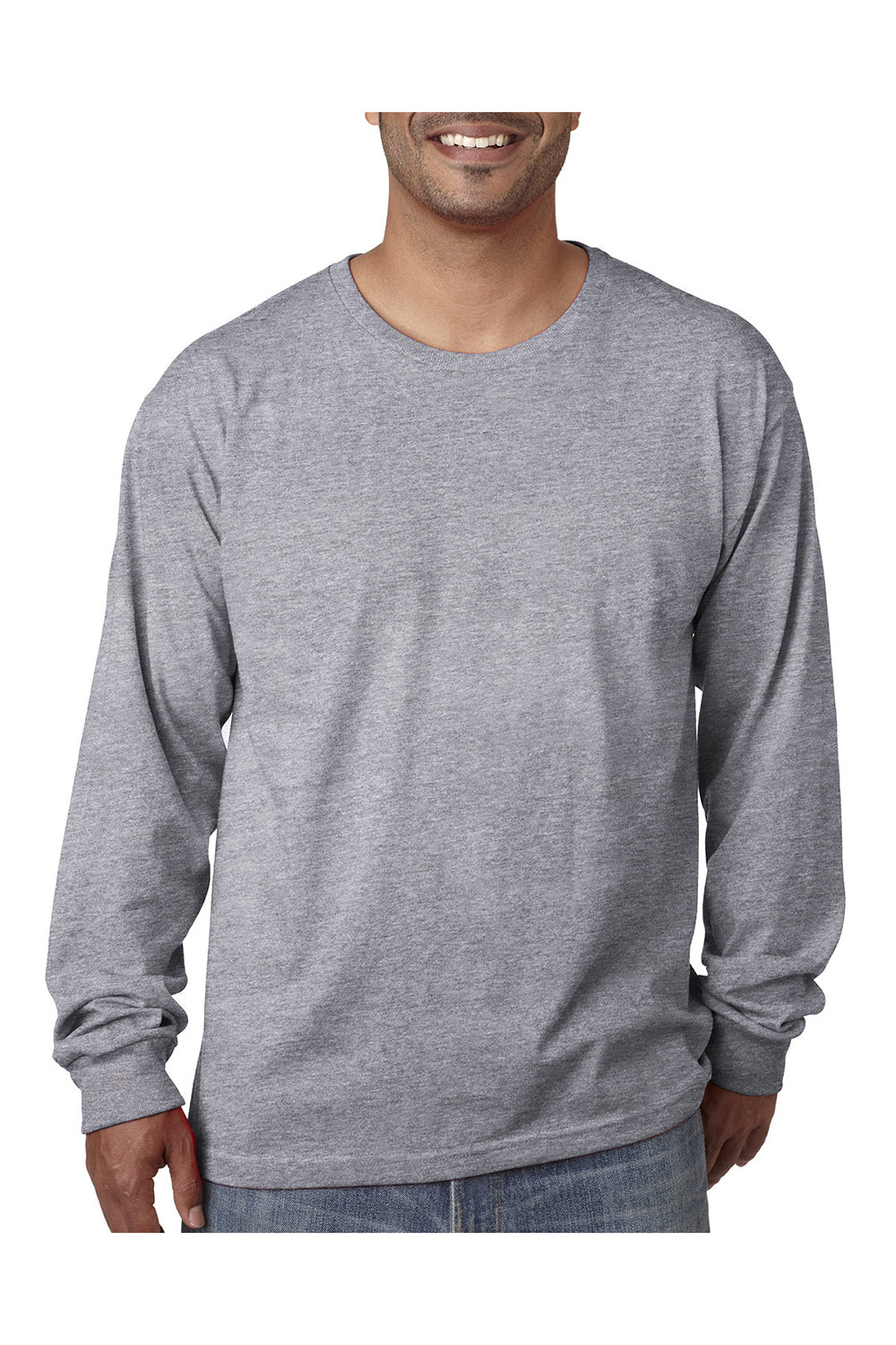 Bayside BA5060 Mens USA Made Long Sleeve Crewneck T-Shirt Dark Ash Grey Model Front